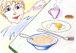 Drawing of child next to table set with a bowl of food, a plate with bread and butter, utensils, and a cup. The child has a thought bubble that says, "Thanks!!!"