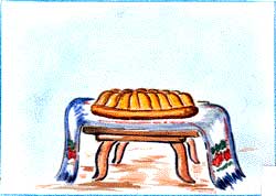 Drawing of bread on a table with a tablecloth.