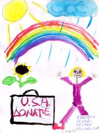 Drawing of a stick girl standing by a suitcase labeled "U.S.A. Donatie." The sun is shining, and there is a rainbow and sunflower.