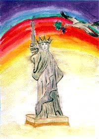 Drawing of Statue of Liberty, with rainbow and dove carrying olive branch