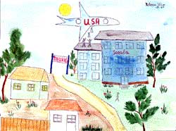 Drawing of a small village with houses, the school building, and a road, which leads to an archway with the town/village name. An airplane is flying overhead, labeled USA, and food bags are being dropped to the school, where stick people are waiting on the roof.