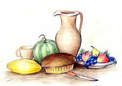 Still life drawing of bread, a knife, fruit, gourds, a cup, and a pitcher.
