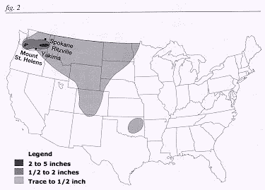 Fig 2: this map shows the distribution of ash fallout from the May 18, 1980, eruption.