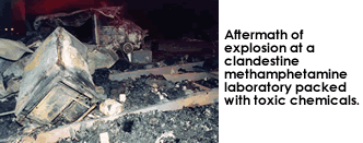 photo-Aftermath of explosion at a clandestine methamphetamine laboratory packed with toxic chemicals