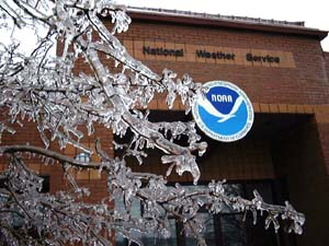 NOAA image of major snow and ice storm that moved across portions of Kansas and Missouri between Jan. 29-31, 2002. Pictured is the NOAA National Weather Service forecast office in Pleasant Hill/Kansas City, Mo.