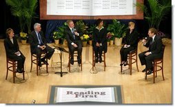 President George W. Bush participates in a conversation on Reading First and the No Child Left Behind Act at the National Institutes of Health in Bethesda, Maryland on May 12, 2004. White House photo by Paul Morse.