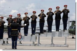 A band plays during the arrival ceremonies for the leaders of the G8 member nations at Hunter Army Airfield in Savannah, Ga., Tuesday, June 8, 2004. White House photo by Paul Morse.