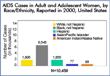 AIDS Cases in Adult and Adolescent Women, by Race/Ethnicity, Reported in 2000, United States
	
N=10,459
White, not Hispanic: 1,895
Black, not Hispanic: 6,545
Hispanic: 1,855
Asian/Pacific Islander: 77
American Indian/Alaska Native: 68