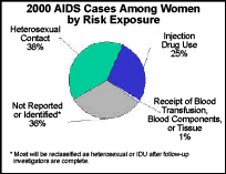 2000 AIDS Cases Among Women by Risk Exposure
	
Heterosexual Contact: 38%
Injection Drug Use: 25%
Receipt of Blood Transfusion, Blood Components, or Tissue: 1%
Not Reported or Identified * : 36%
* Most will be reclassified as heterosexual or IDU after follow-up investigations are completed.