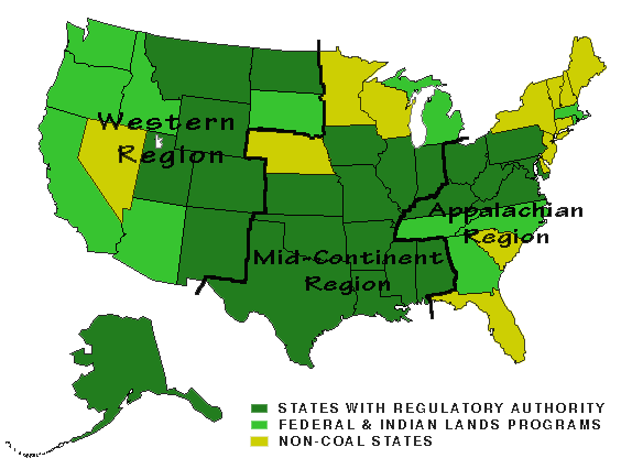 Photo of U.S. showing three Office of Surface Mining regions