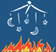 Logo depicting a blaze of fire under a baby chandelier with stars and moons