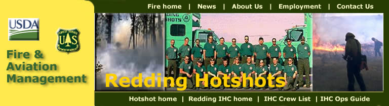 [Banner]  USDA Forest Service, Fire & Aviation Management.  Header with photo of the floor of a forest filled with smoke, Redding Hotshots, and hotshots on a fire.