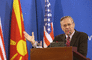 Secretary Rumsfeld answers a reporter's question during a press conference.
