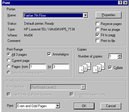 View of Windows print dialog box