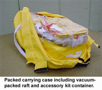 Packed carrying case including vacuum-packed raft and accessory kit container
