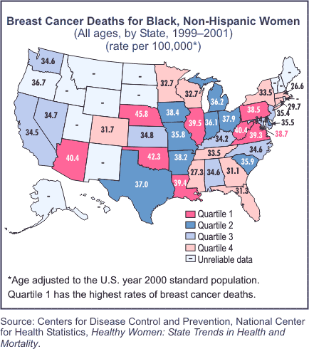Map showing Breast Cancer Deaths for Black, Non-Hispanic Women, All ages, by State, 1997-19999