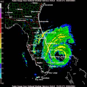 NOAA National Weather Service Melbourne, Fla., Doppler radar image of Hurricane Frances taken at 3:20 p.m. EDT on Sept. 4, 2004, as the eye of the powerful and large storm slowly edges toward the Florida east coast.