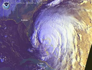 NOAA close-up satellite image of Hurricane Frances taken at 7:49 a.m. EDT on Sept. 4, 2004, as the large storm moved closer to the Florida east coast.