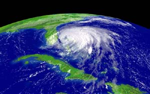 NOAA satellite image of Hurricane Frances taken at 8:45 a.m. EDT on Sept. 4, 2004, as the storm begins to lash the east coast of Florida.