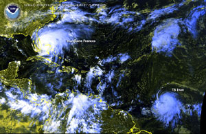 NOAA satellite image of Hurricane Frances and Tropical Storm Ivan taken at 2:45 p.m. EDT on Sept. 4, 2004, as both storms churn in the Atlantic.