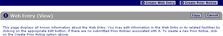 PNSI: The top of the Web Entry (View) page. Create a New Prior Notice for this Web Entry