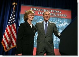 President George W. Bush is introduced by Donna Mindeck, First Vice President of the Pennsylvania State Association of Town Supervisors, before giving remarks on the USA Patriot Act in Hershey, Pa., Monday, April 19, 2004. White House photo by Paul Morse.