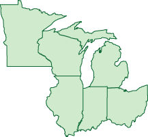 Map of Illinois, Indiana, Michigan, Minnesota, Ohio and Wisconsin
