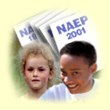 Faces of young girl and boy in front of a series of annual NAEP reports.