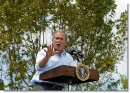 President George W. Bush discusses the restoration of wetlands at Rookery Bay National Estuarine Research Reserve in Naples, Fla., Friday, April 22, 2004. ". my administration will work to restore, to improve, and to protect at least three million acres of wetlands over the next five years ," said the President in his remarks. White House photo by Eric Draper.