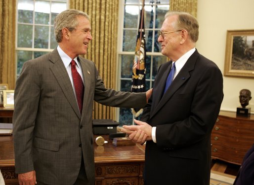 President George W. Bush meets with Dr. Arden L. Bement in the Oval Office Wednesday, Sept. 15, 2004. President Bush is nominating Dr. Bement to be Director of the National Science Foundation. Dr. Bement has been serving as Acting Director since February 22, 2004. White House photo by Paul Morse.