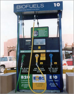 Photo of fuel pump offering E-85 ethanol alternative fuel; E-10 ethanol-additive gasoline; and B-20 biodiesel additive biodiesel.