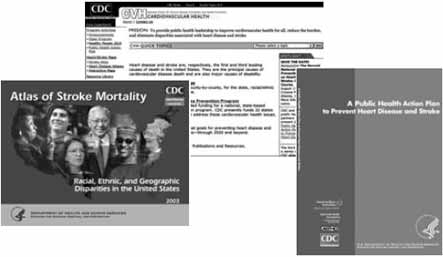 Photo collage showing the Atlas of Stroke Mortality, The Public Health Action Plan, and the CVH web site.