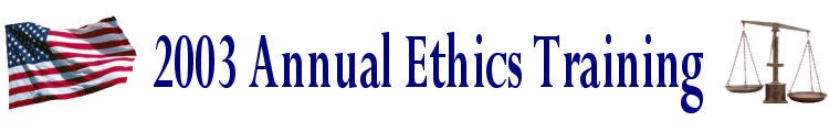 Banner with American Flag image on the left, the words 2003 Ethics Training and an image of scales on the right
