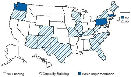 US map showing the funded states: California, Colorado, Connecticut, Florida, Massachusetts, Michigan, Montana, North Carolina, Pennsylvania, Rhode Island, Texas, and Washington