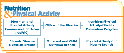 DNPA Organizational Chart: Shows Office of the Director, Chronic Disease Nutrition Branch, Maternal and Child Nutrition Branch, and Physical Activity and Health Branch