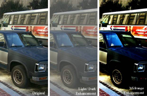 Figure 2 is a series of three side-by-side photographs of the same car and bus. The left is the original; the middle looks faded; the right is highly contrasted, at the expense of shadow and highlight areas.