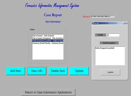Figure 7 is a screen of the Forensic Information Management System case reporting function.