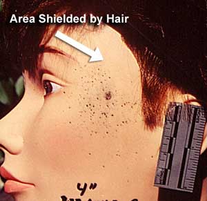 Figure 13 is a photograph showing the results of a shot through a mannequin's hanging hair.