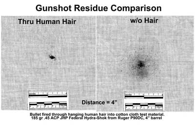 Figure 14 compares gunshot residue through hair and without hair.