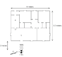 Figure 1 is a floor plan of the structure showing the layout of the rooms, doorways in use, and the position of the samples and the positive pressure fan.