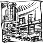 An artist's line drawing of a refinery