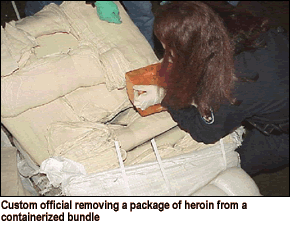 photo - custom official removing a package of heroin from a containerized bundle