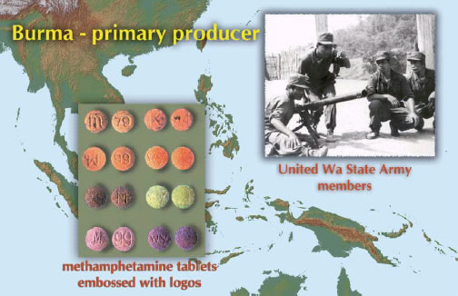 photo - Burma - primary producer, methamphetamine tablets embossed with logos, and United Wa State Army members