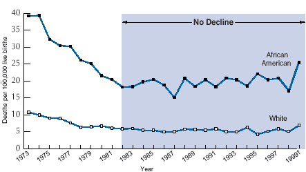 The line chart depicts deaths per 100,000 live births of African American and white women who died of pregnancy complications. The line chart shows no decline to a slight increase in number of deaths during pregnancy or within 42 days after delivery, from 1982 to 1999, in the United States.