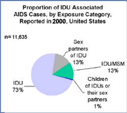 Proportion of IDU Associated AIDS Cases, by Exposure Category, Reported in 2000, United States

n=11,635
IDU: 73%
Sex partners of IDU: 13%
IDU/MSM: 13%
Children of IDUs or their sex partners: 1%