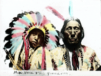 Native American man called 'High Horse' and his grandson.  This photograph is a lantern slide.  Lantern slides were produced by developing a positive image photographically, and hand painting the image with an organic dye or tinting process.  Lantern slides were sandwiched between two glass covers, one on each side, and placed in a mat.  The slides were projected in a 'Magic Lantern,' a slide projection system illuminated by kerosene or coal oil lamps.  Unfortunately, the practice of painting black and white pictures denigrates the original detail of the photographic print.  -- select to view larger image.