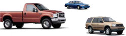 A red pick-up truck, a blue sedan and a gold SUV