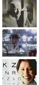 Three scenes from the NIH video, including an old, sepia-toned photograph of a bearded scientist in his lab, a researcher working in a modern lab full of rows of glass beakers, and an Asian woman smiling as she looks through a transparent eye chart.