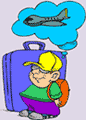 Image of a little boy standing by a big piece of luggage thinking about an airplane.