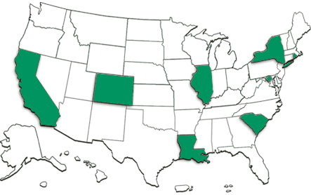 U.S. map highlighting the eight states with NPCR supported registries participating in the PoC study: California, Colorado, District of Columbia, Illinois, Louisiana, New York, Rhode Island, and South Carolina.